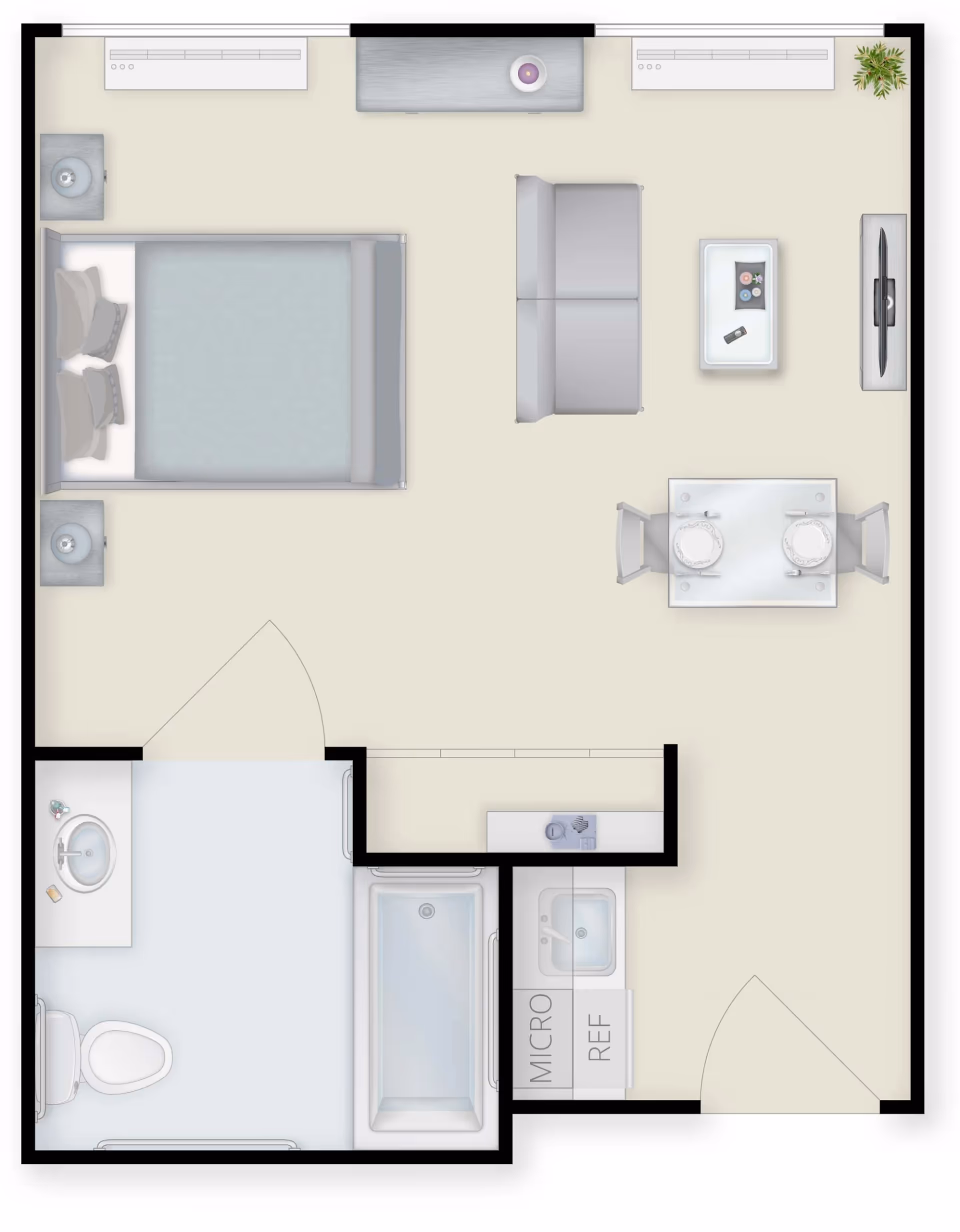 Floor plan of a senior living studio apartment featuring a combined living and sleeping area with a bed, sofa, coffee table, TV, and dining table with two chairs. The apartment includes a bathroom with a toilet, sink, and bathtub, and a small kitchen area with a microwave, refrigerator, and sink.