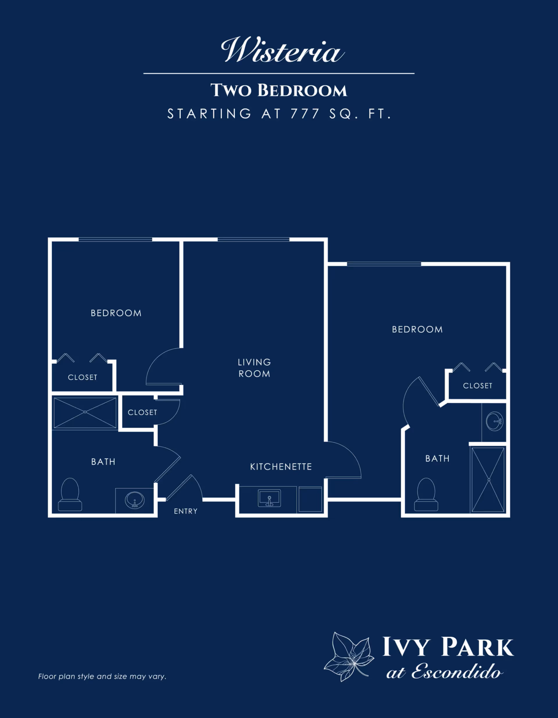 Blue graphic floor plan titled 'Wisteria' showing a two-bedroom layout with living room, kitchenette and two bathrooms.