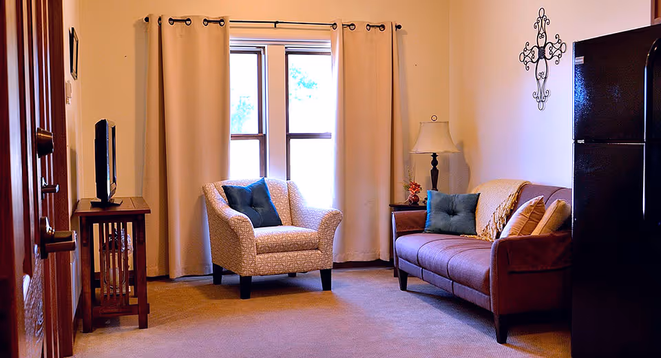 A cozy living room with a patterned armchair and a brown sofa, both with blue cushions. There is a small wooden side table with a lamp and decorative flowers next to the sofa. A flat-screen TV sits on a wooden stand near the door. Beige curtains cover a window in the background, and a decorative wall piece hangs above the sofa. A black refrigerator is partially visible on the right side.