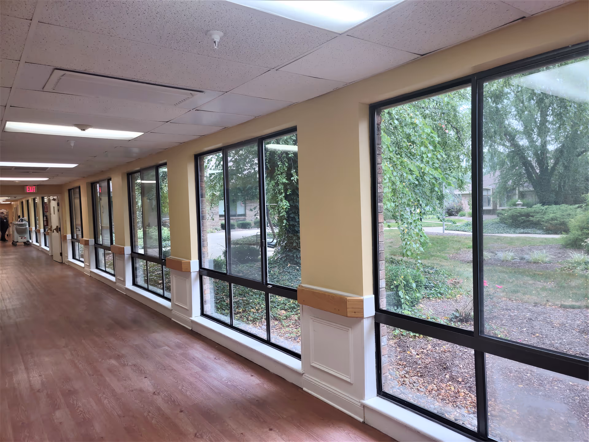 Bright interior hallway with large floor-to-ceiling windows overlooking landscaped grounds.