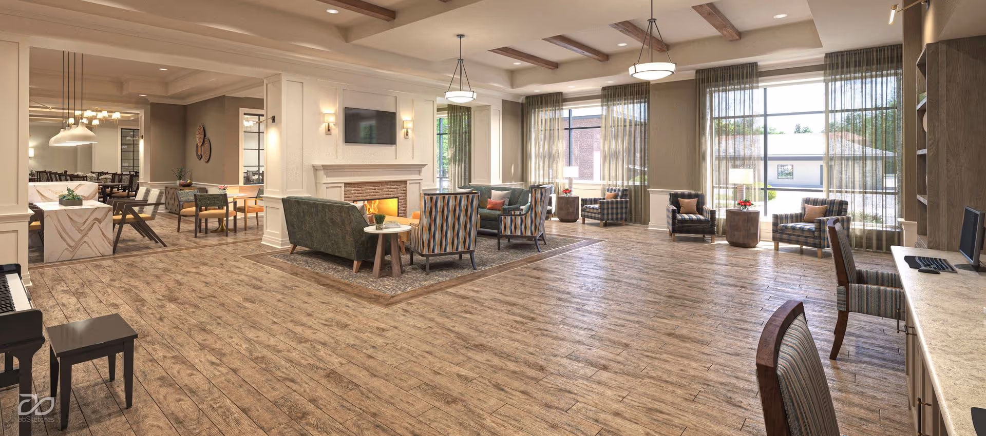 A spacious and well-lit common area in a senior living facility featuring a seating area with sofas and armchairs around a fireplace, large windows with sheer curtains, a piano with a bench, a computer workstation with chairs, and a dining area in the background.