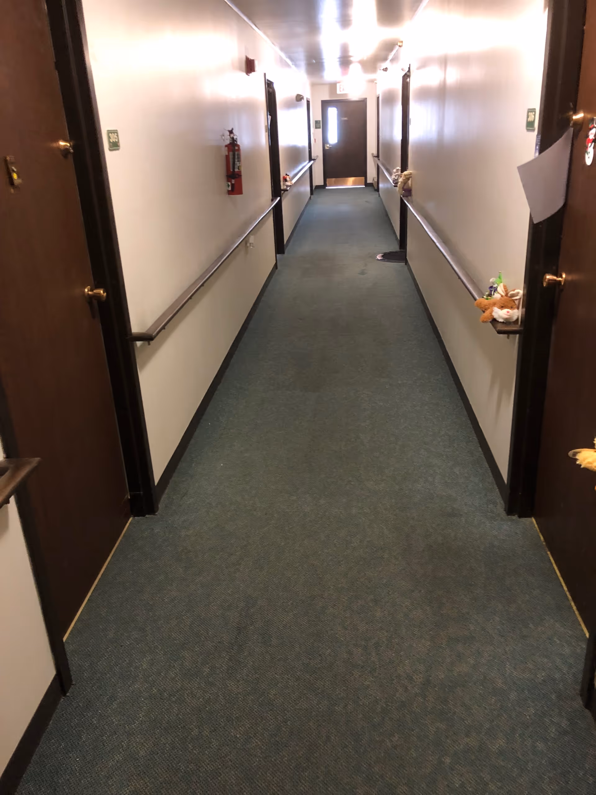 A long indoor hallway with green carpet and white walls, featuring several closed wooden doors on both sides. Handrails run along both walls, and a fire extinguisher is mounted on the left wall. The hallway is lit by ceiling lights and ends at a door with a window.