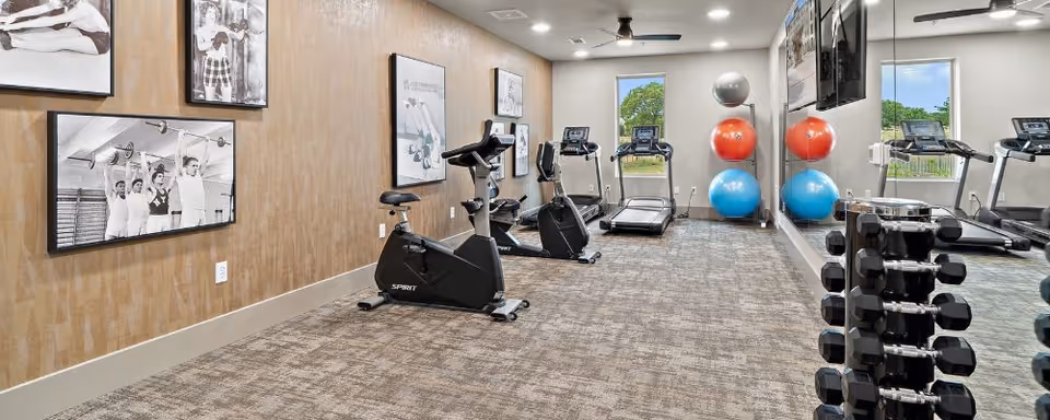 Interior fitness room with exercise bikes, treadmills, dumbbells, and large exercise balls against a mirrored wall with framed photos.