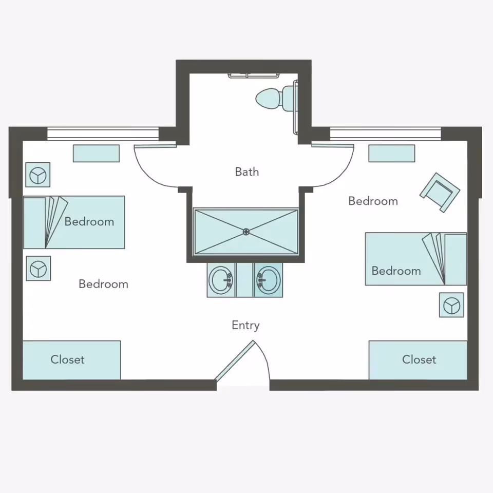 Floor plan showing two bedrooms, a shared bathroom with two sinks and a toilet, closets in each bedroom, and an entry area.