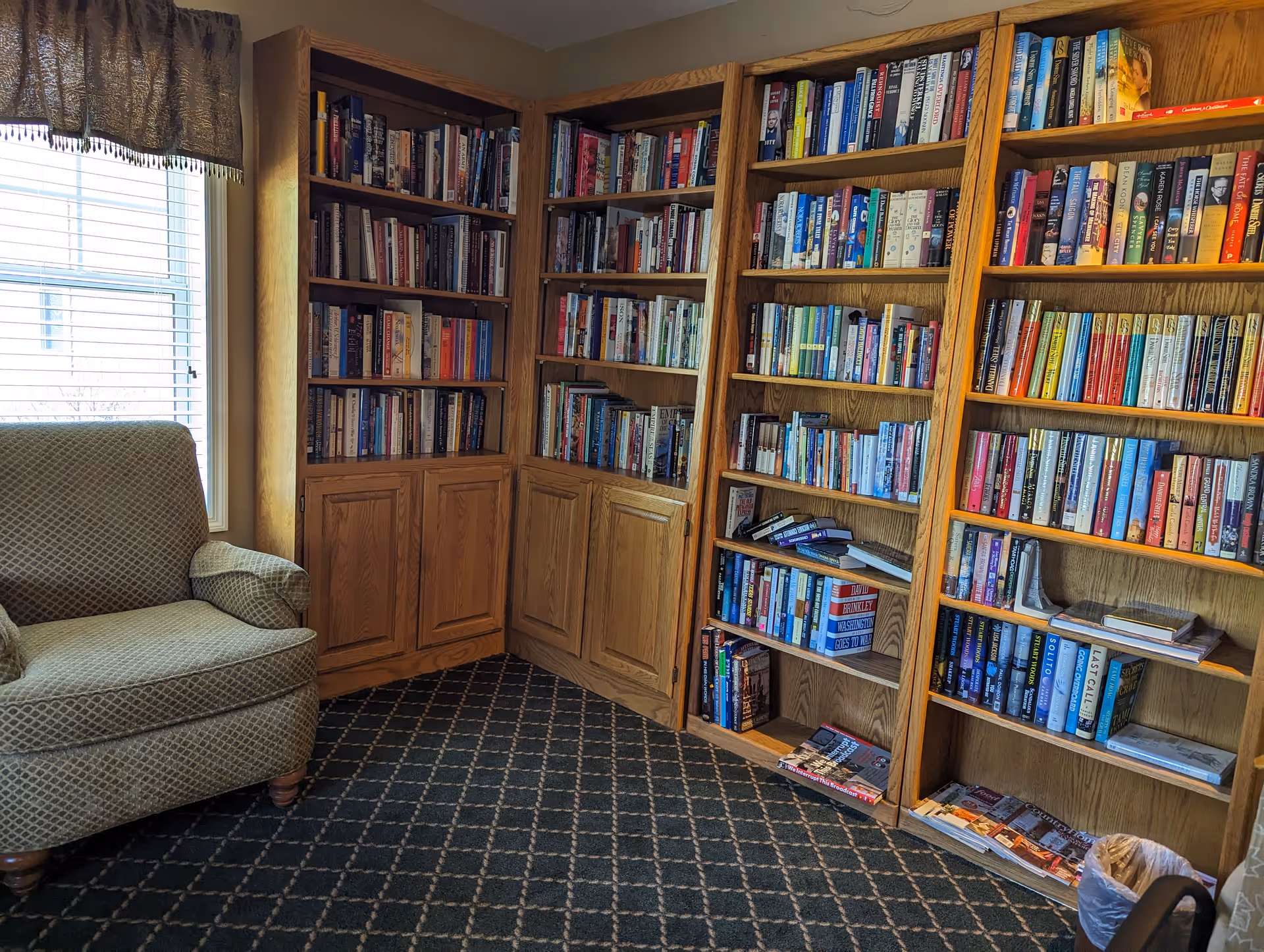 Cozy reading nook with a patterned armchair next to a window with blinds and a valance. Adjacent to the chair are wooden bookshelves filled with a variety of books. The floor is carpeted with a dark patterned carpet.