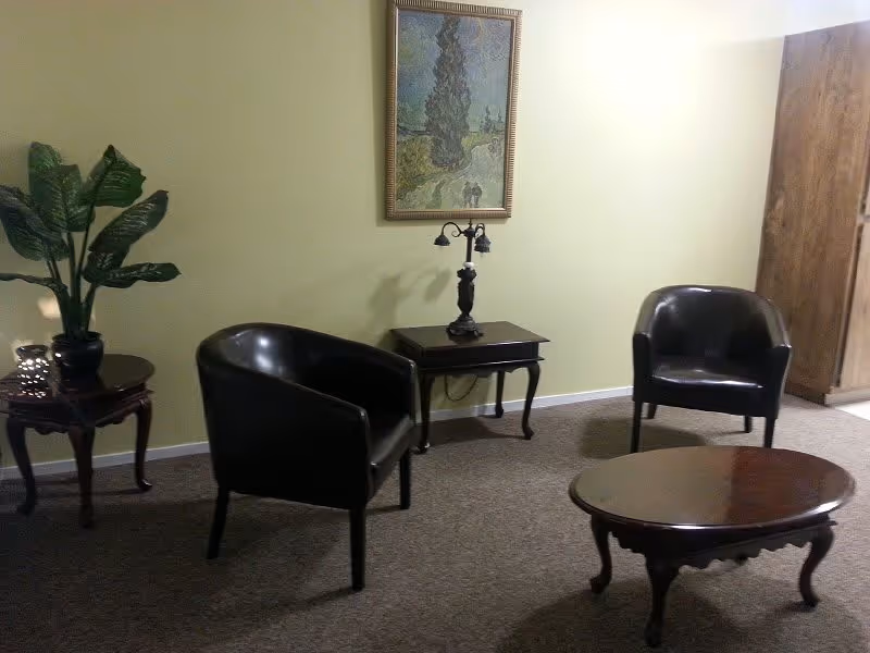 Small sitting area with two black leather chairs, a wooden coffee table, side tables, a lamp, potted plant and a framed painting on a pale green wall.