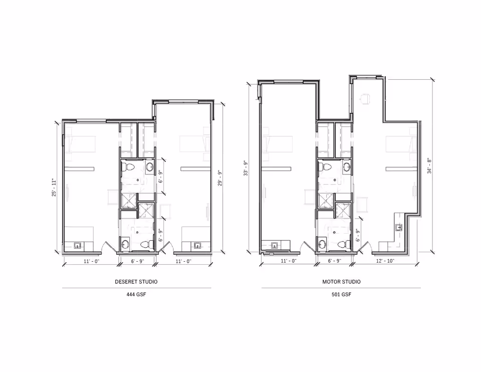 Architectural floor plans showing layouts for two studio apartments named Deseret Studio and Motor Studio, each with dimensions and labeled areas including living space, bathroom, and kitchen.
