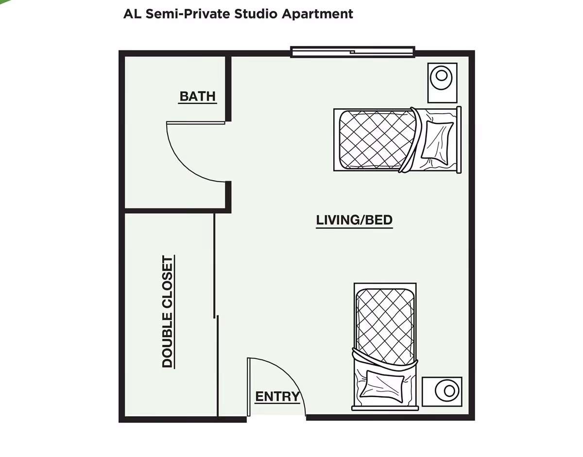 Floor plan labeled "AL Semi-Private Studio Apartment" showing a living/bed area with two beds, a bath, a double closet, and an entry.