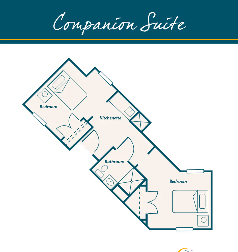 Floor plan of a companion suite showing two bedrooms, a kitchenette, and a bathroom. Each bedroom contains a bed and a nightstand. The kitchenette includes a sink and counter space. The bathroom has a toilet, sink, and shower.