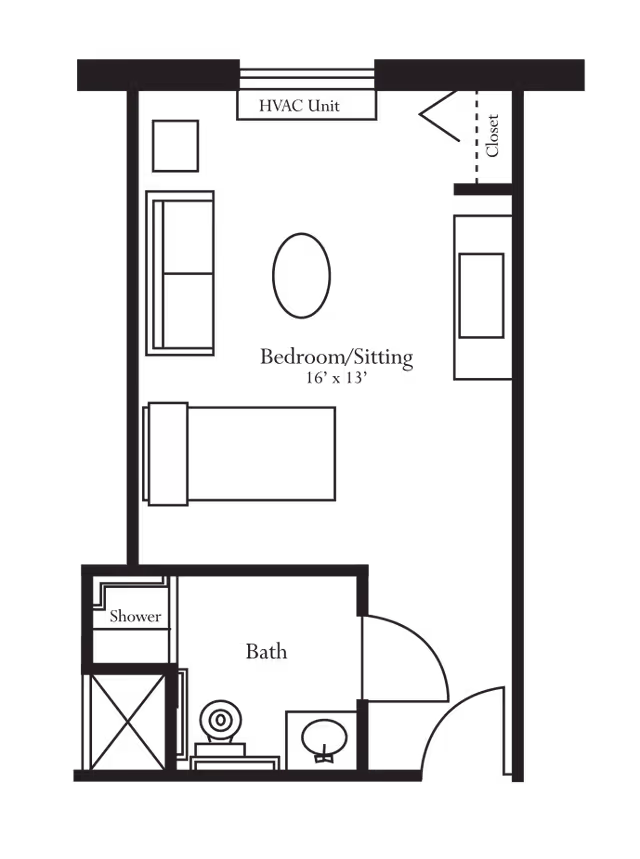 Floor plan of a room labeled Bedroom/Sitting measuring 16 by 13 feet, including a bed, sofa, coffee table, closet, HVAC unit, and an attached bathroom with a shower, toilet, and sink.