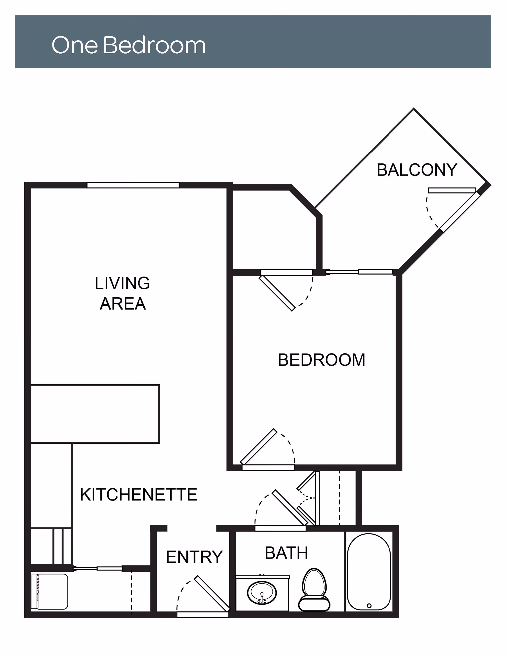 Floor plan layout of a one-bedroom apartment featuring a living area, kitchenette, entry, bathroom, bedroom, and a balcony.