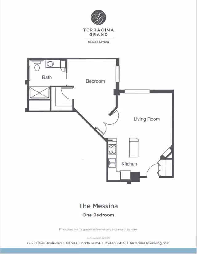 Floor plan of The Messina one-bedroom apartment at Terracina Grand Senior Living, showing a bedroom, bath, kitchen, and living room layout.