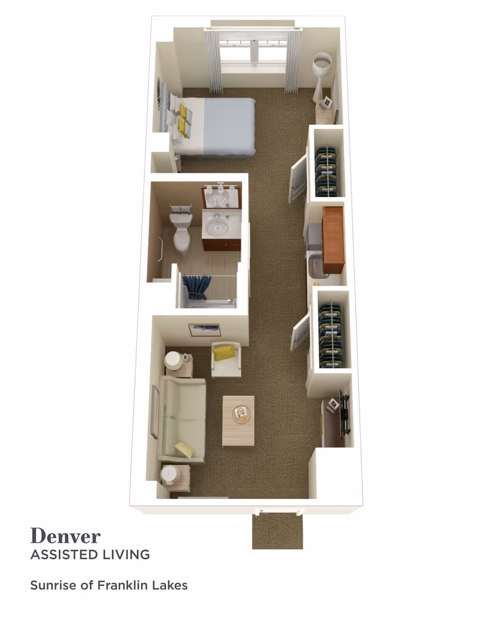 3D floor plan of an assisted living apartment named Denver at Sunrise of Franklin Lakes, showing a living area with sofa, chair, and coffee table, a bedroom with a bed and nightstand, a bathroom with toilet, sink, and shower, and a kitchenette with cabinets and sink.