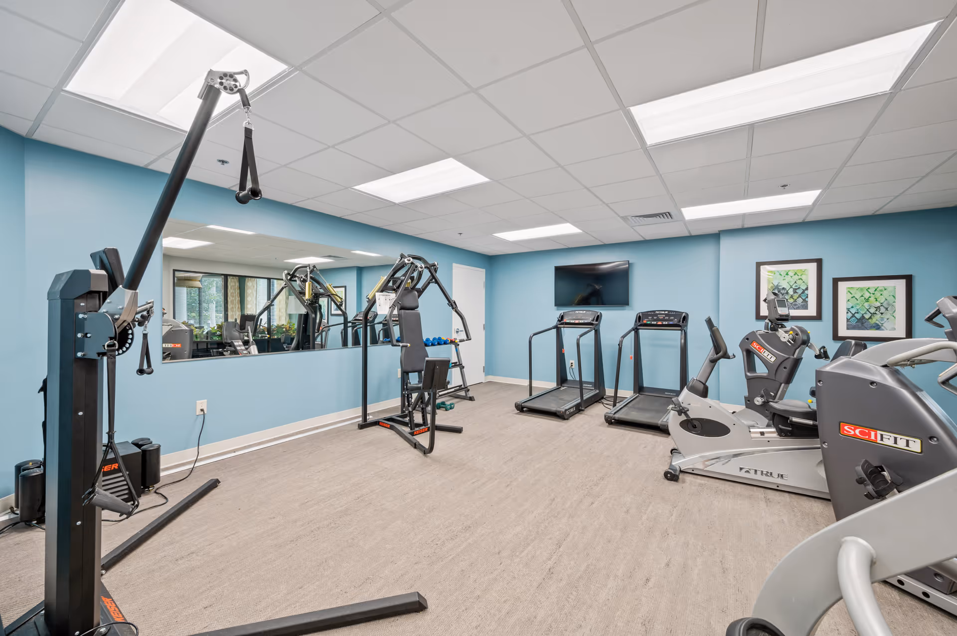 A fitness room with exercise equipment including treadmills, stationary bikes, and weight machines. The walls are painted light blue, and there is a large mirror on one wall. Two framed abstract artworks hang on another wall, and a flat-screen TV is mounted above the treadmills.