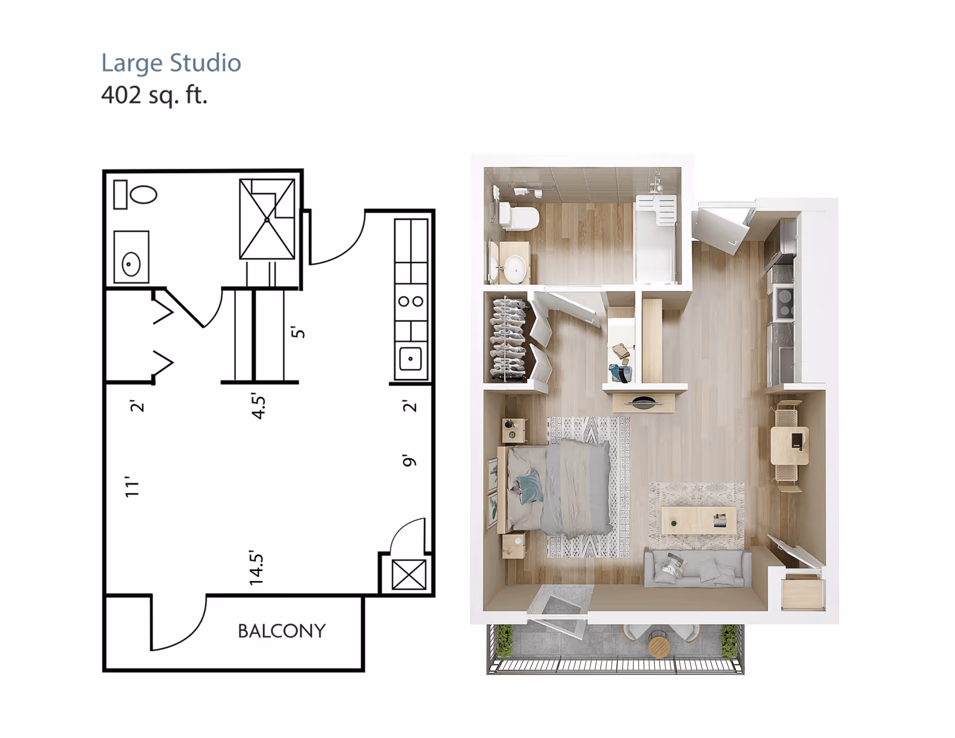 Floor plan and 3D rendering of a large studio apartment measuring 402 square feet. The layout includes a combined living and sleeping area with a bed, sofa, coffee table, and small dining table. There is a kitchen area with appliances, a bathroom with a shower, toilet, and sink, a closet space, and a balcony with outdoor seating.