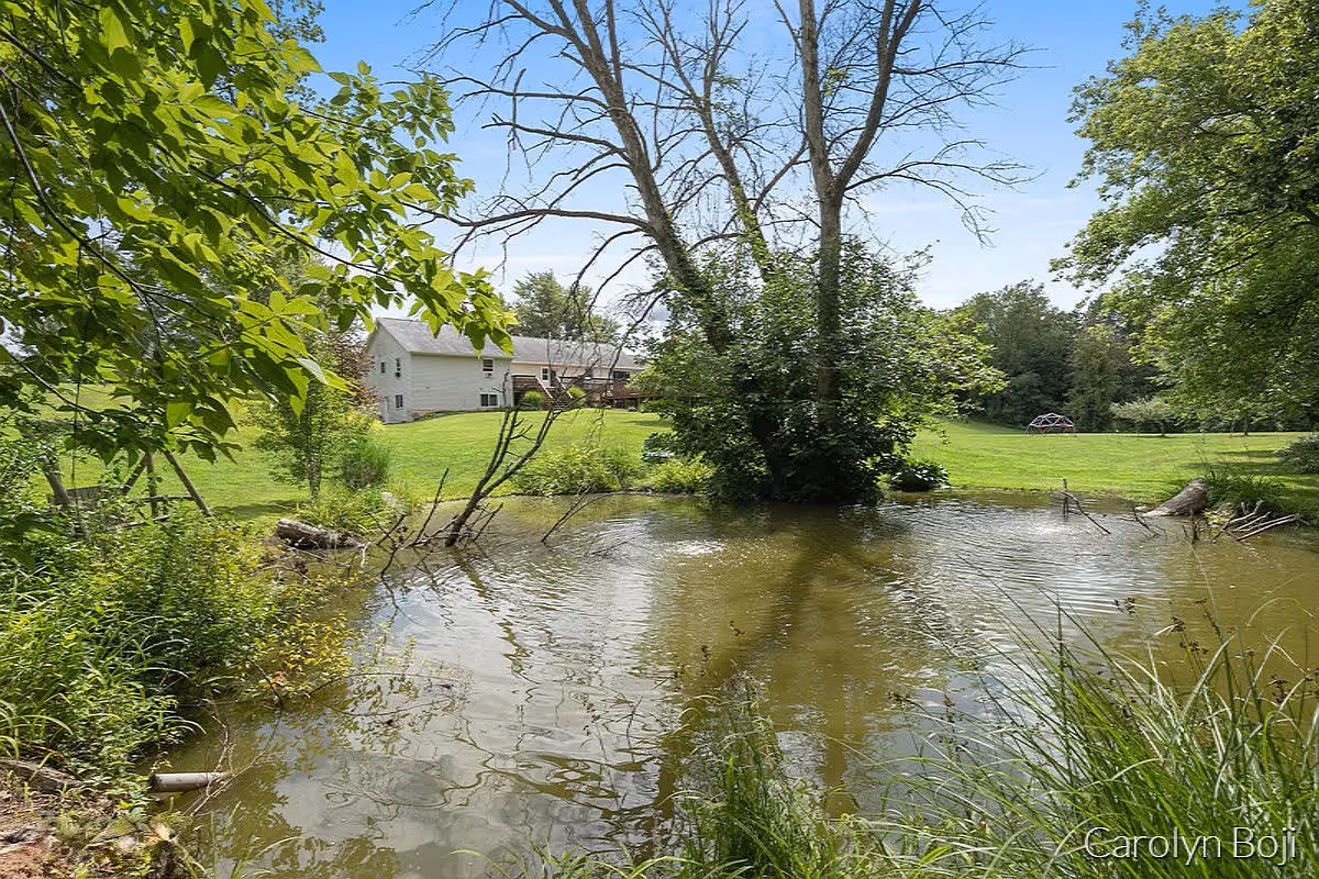 A small pond surrounded by trees and grass with a house and lawn visible in the background.