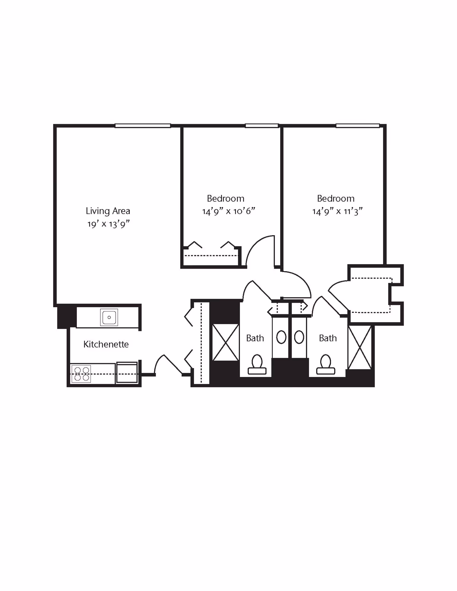 Floor plan of a living space at Battery Park by Sunrise showing a living area, kitchenette, two bedrooms, and two bathrooms with dimensions labeled.
