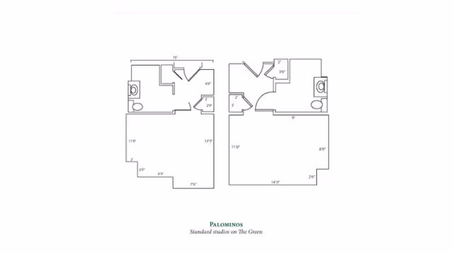 Architectural floor plan showing two standard studio layouts named Palominos, each including a bathroom and living area with dimensions labeled.