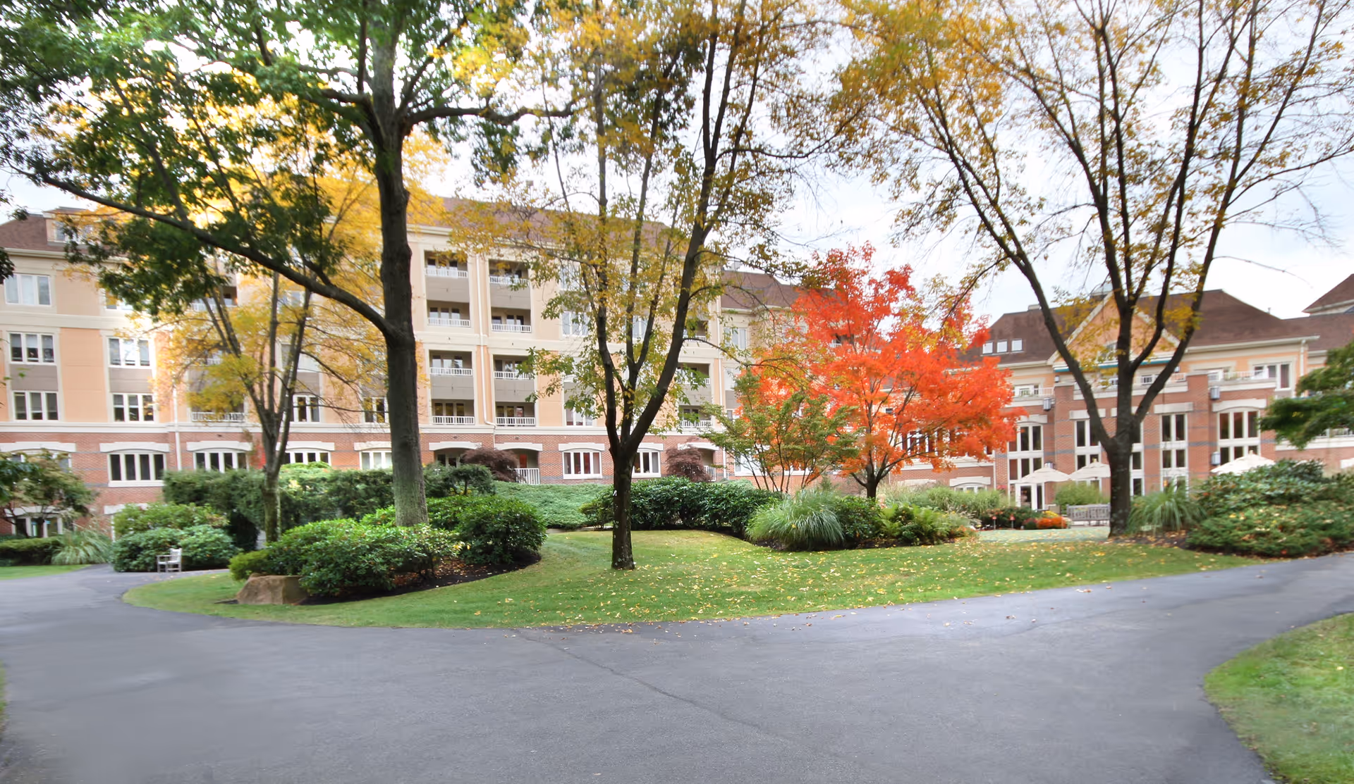 View of a senior living facility with a large multi-story building in the background surrounded by trees and landscaped greenery. The scene includes a paved driveway curving around a grassy area with bushes and trees, one of which has bright red autumn leaves.