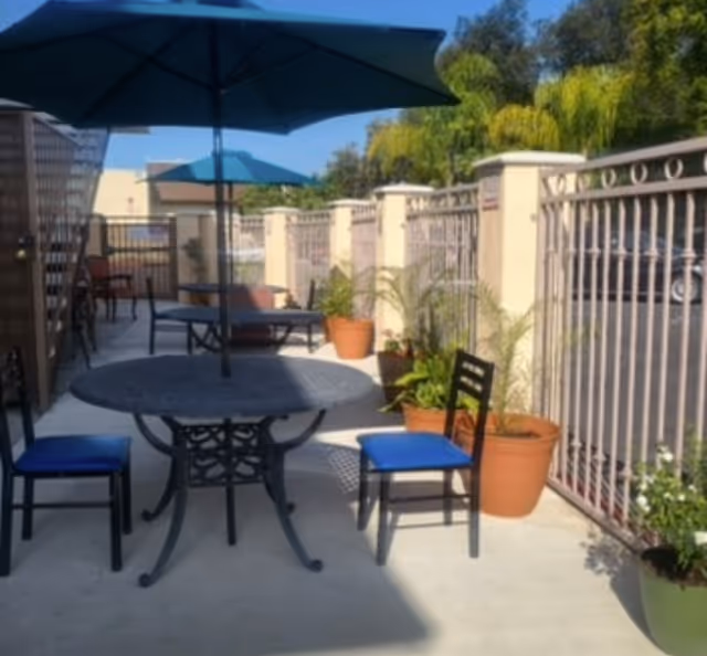 Outdoor patio area with a round metal table and two chairs with blue cushions. There are large blue umbrellas providing shade, several potted plants along a metal fence, and a clear blue sky in the background.
