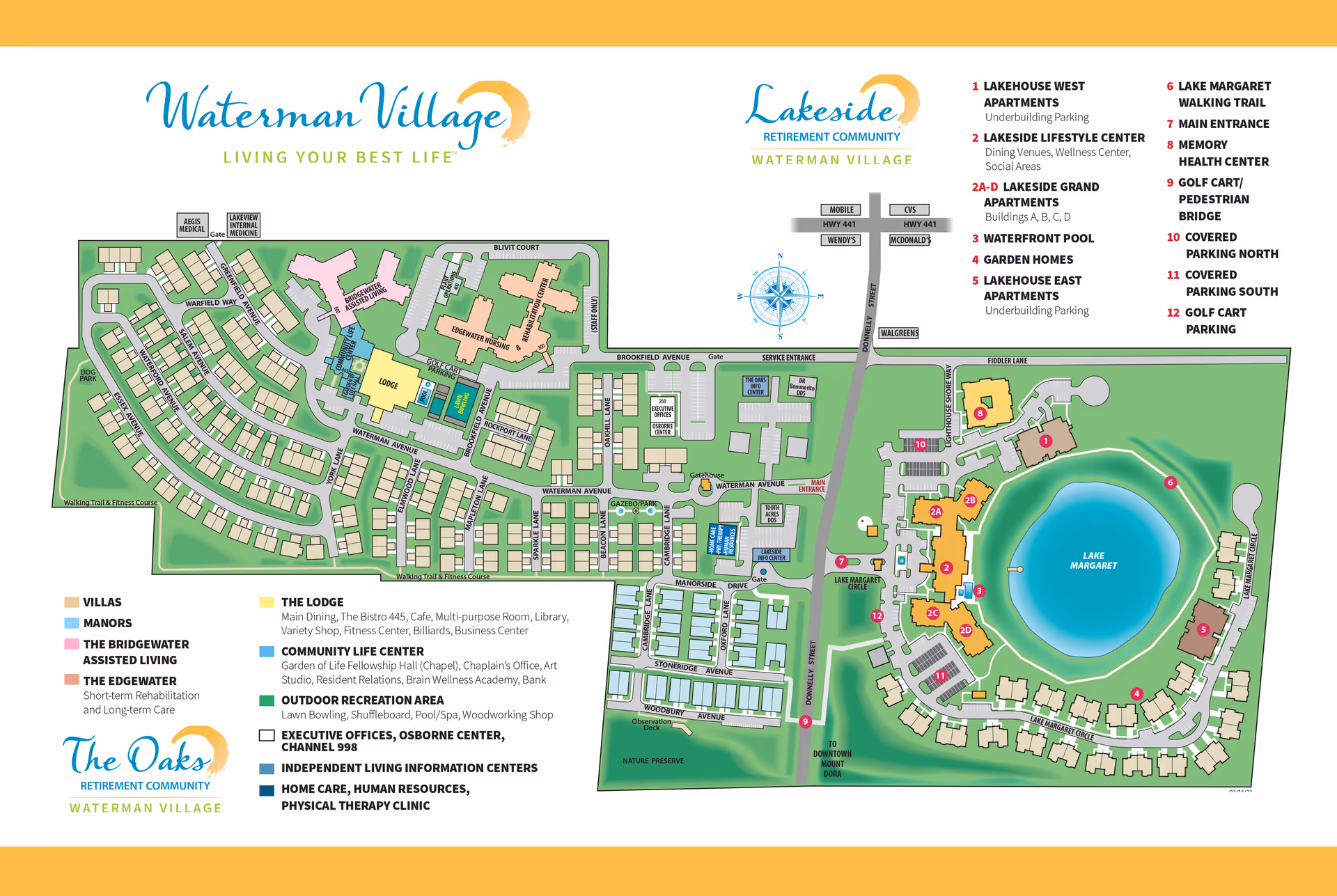 Illustrated site map of Waterman Village retirement community showing buildings, a central lake, roads, numbered points of interest and a legend.