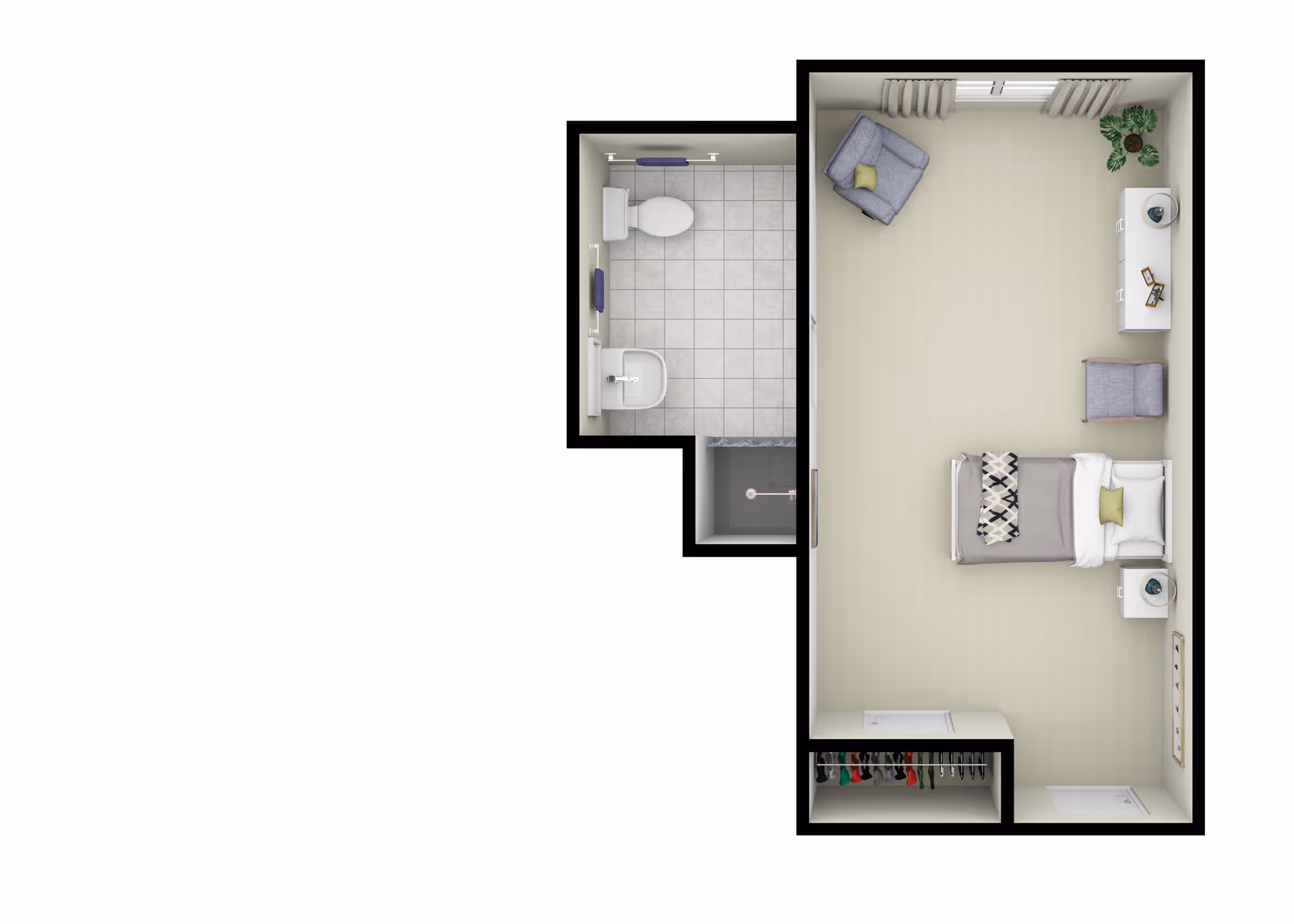 Top-down floor plan of a small living space featuring a bedroom area with a single bed, nightstand, armchair, dresser, and a closet. Adjacent to the bedroom is a bathroom with a toilet, sink, and shower.