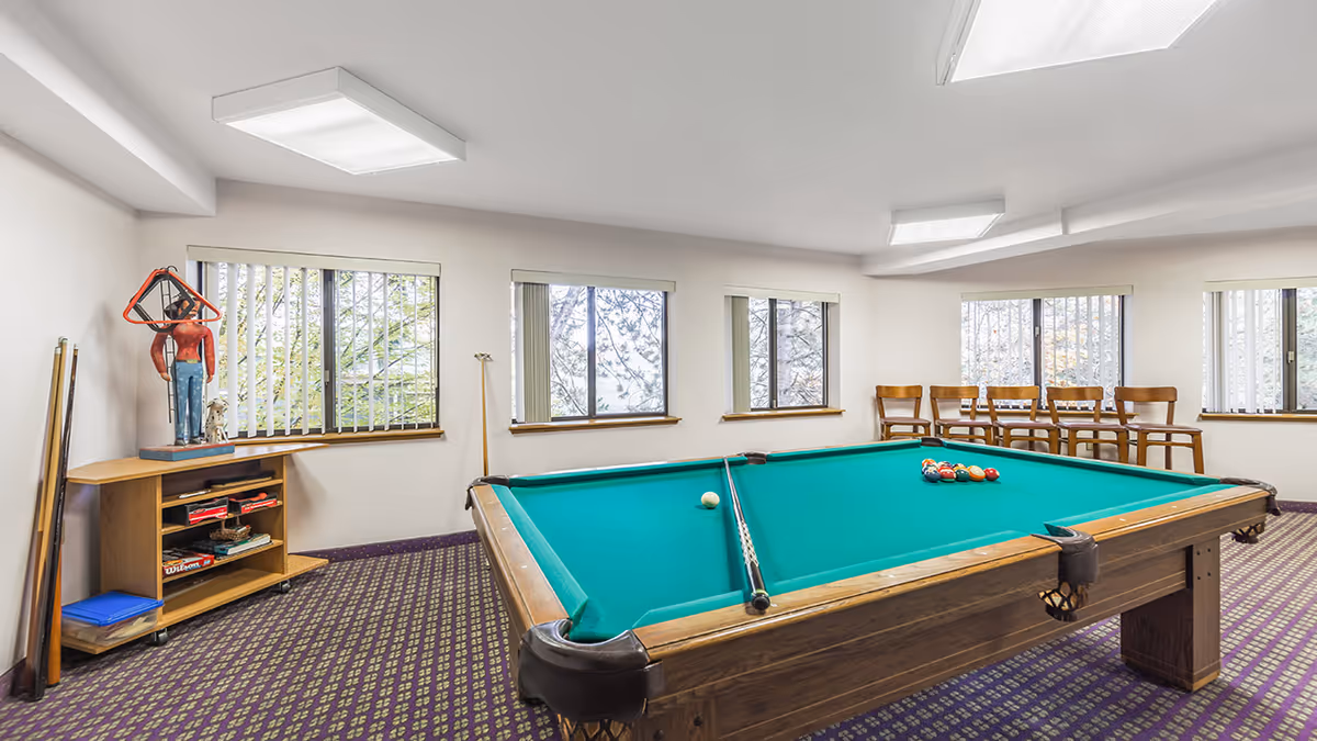Game room with a teal pool table, cue sticks, shelving and a row of chairs under windows.