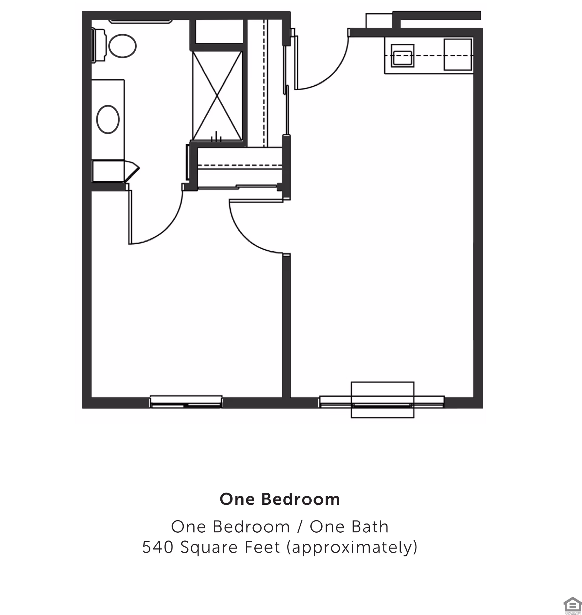 Black-and-white architectural floor plan of a one-bedroom, one-bath apartment showing a bedroom, bathroom, kitchen and living area.