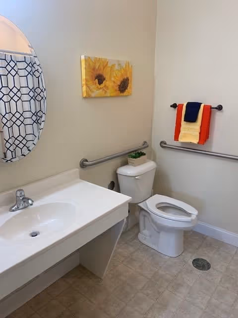 A clean bathroom with a white sink and countertop on the left, a toilet with a small potted plant on the tank, and grab bars installed on the walls. A towel rack holds three folded towels in navy blue, yellow, and red. A round mirror with a geometric patterned shower curtain is partially visible on the left wall. A sunflower painting hangs above the toilet.