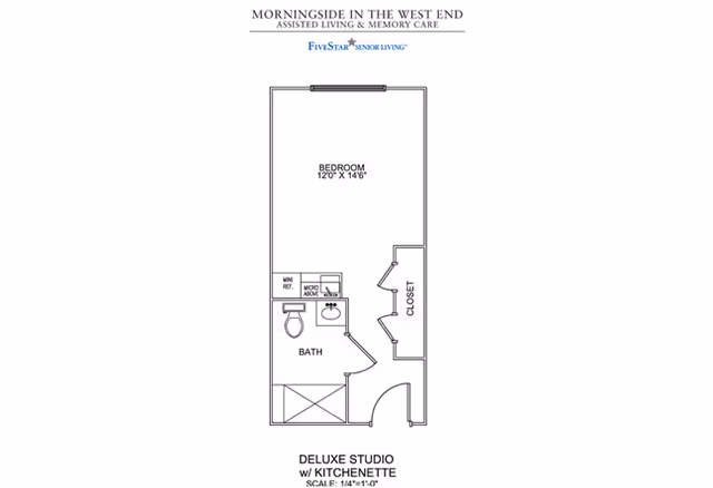 Black-and-white floor plan of a deluxe studio with kitchenette showing a labeled bedroom, bath, closet, and kitchenette area.