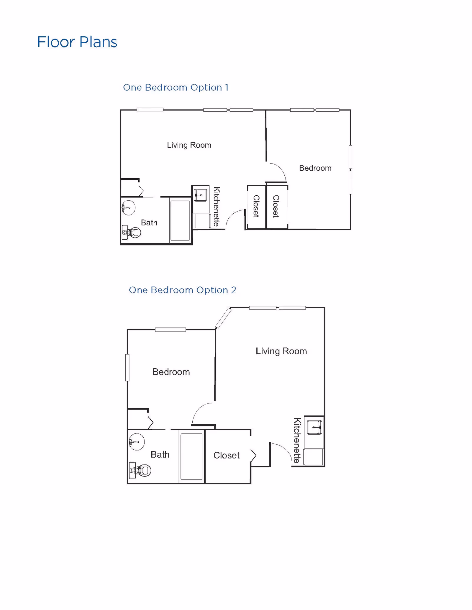 Floor plans for one bedroom options at Brookdale Rose Valley Scappoose. Option 1 shows a layout with a living room, bedroom, two closets, kitchenette, and a bathroom. Option 2 shows a different layout with a living room, bedroom, closet, kitchenette, and bathroom arranged differently.