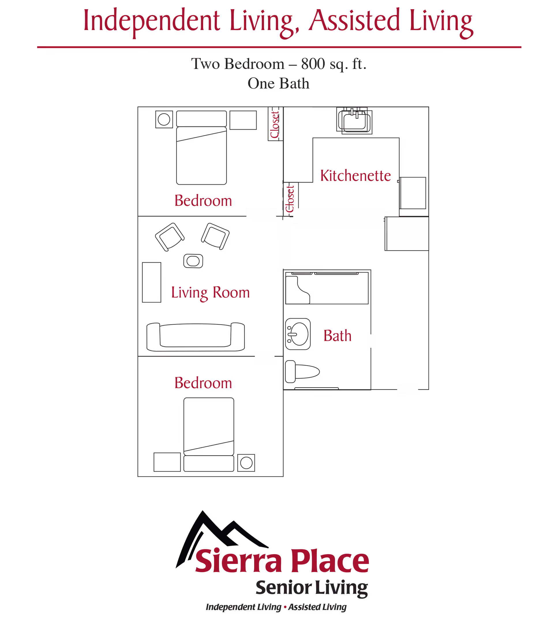 Floor plan layout for Sierra Place Senior Living showing a two-bedroom, one-bath apartment with 800 square feet. The plan includes two bedrooms, a living room, a kitchenette, a bath, and closets.