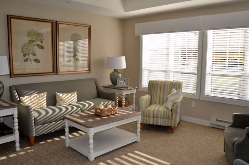 A cozy living room with a green sofa, two patterned pillows, a striped armchair with a cushion, a wooden coffee table with a basket, two side tables with lamps, and two framed botanical prints on the wall. Large windows with white blinds allow sunlight to fill the room.
