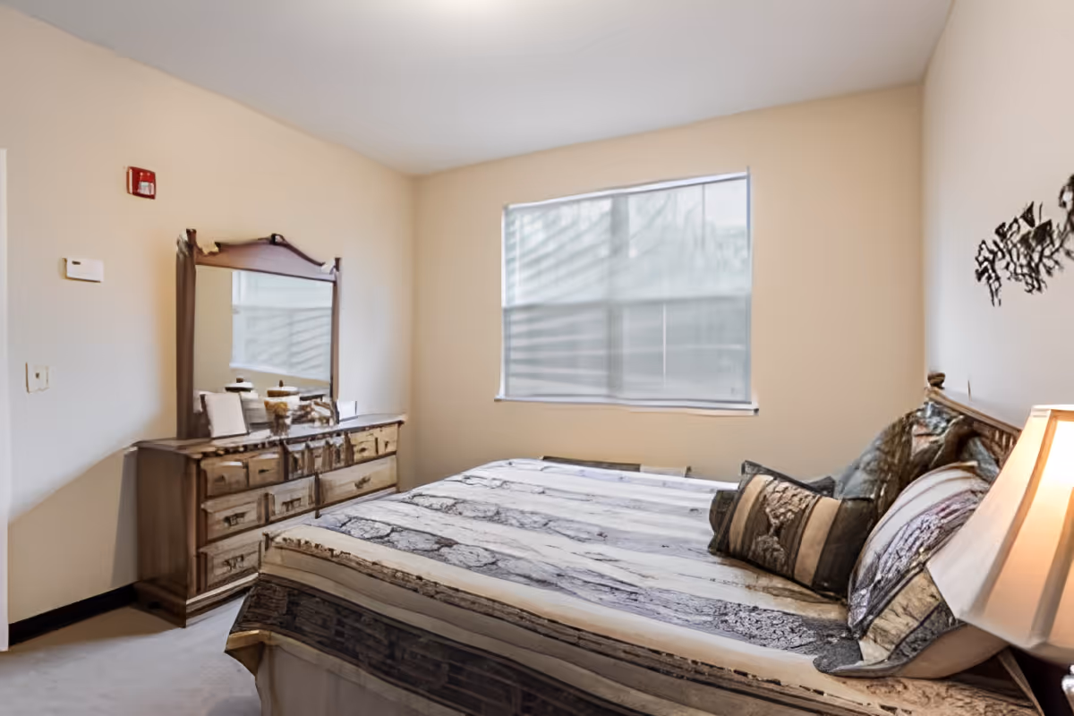 A bedroom with a large bed covered in patterned bedding and multiple pillows. There is a wooden dresser with a mirror on the left side of the room and a window with blinds letting in natural light. A lamp is visible on the right side of the bed.