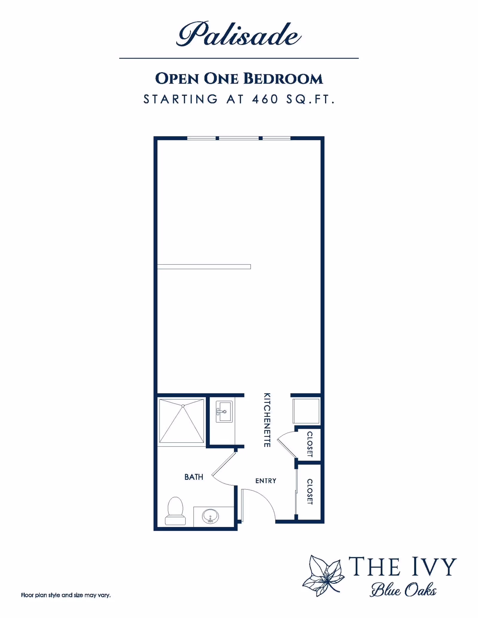 Floor plan labeled "Palisade" for an open one-bedroom apartment showing a kitchenette, bath, entry and closets.