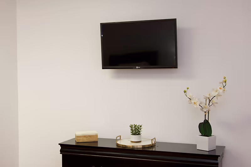 Wall-mounted flat-screen TV above a dark dresser topped with decorative plants and a tray against a plain white wall.