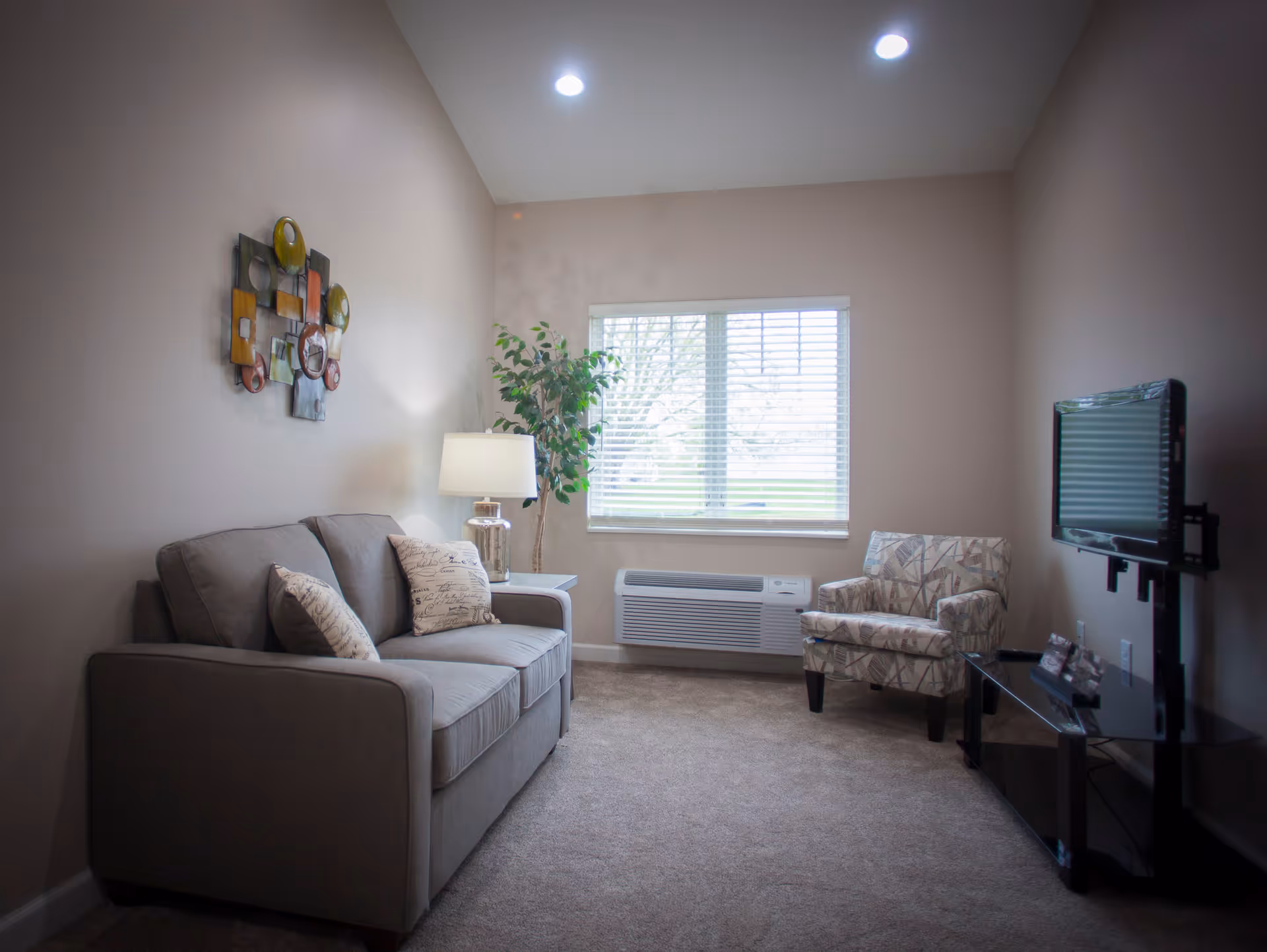 A cozy living room with a gray sofa adorned with two decorative pillows, a patterned armchair, a side table with a lamp, a potted plant, a wall-mounted flat-screen TV, and a window with blinds letting in natural light.