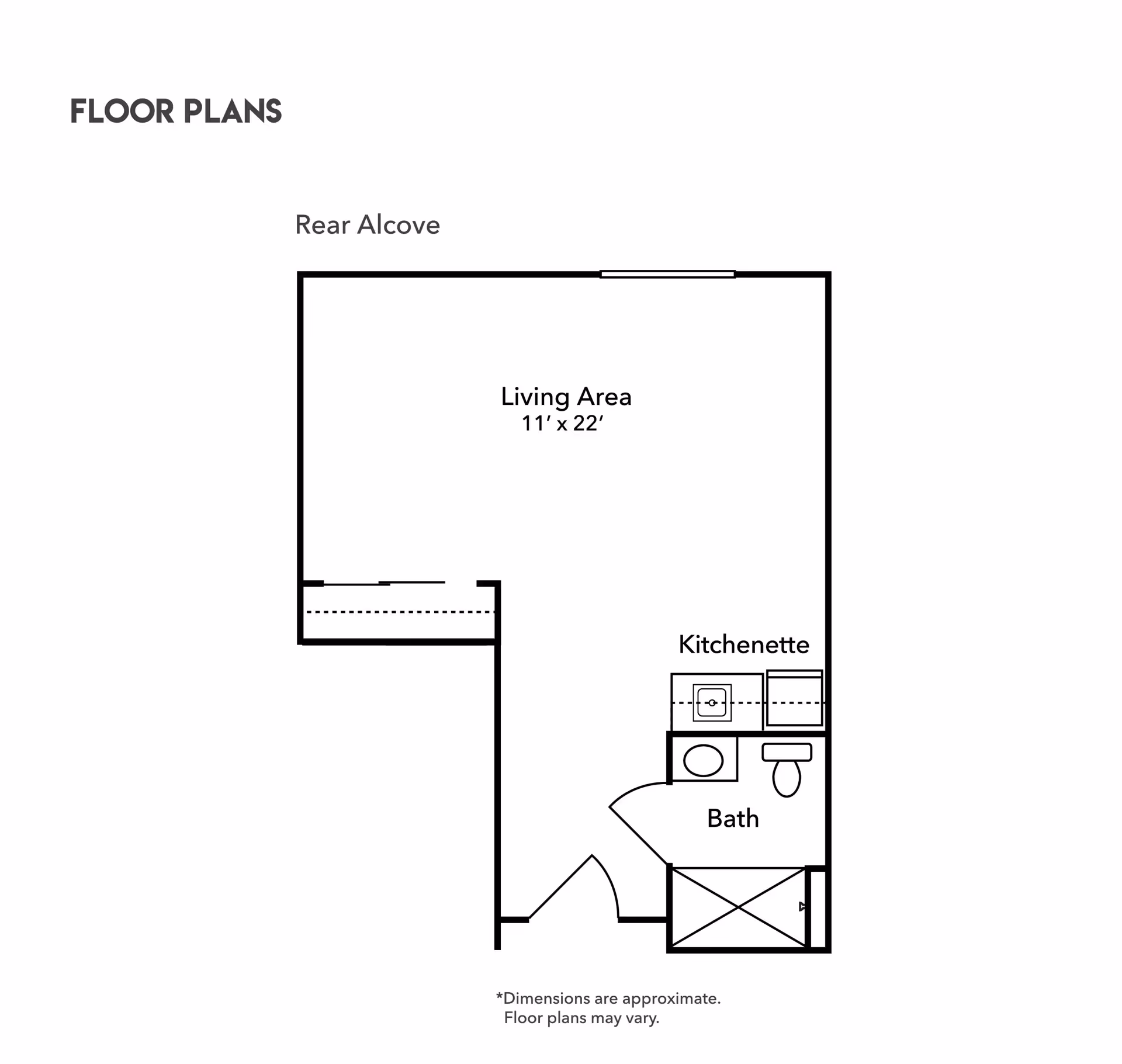 Floor plan labeled Rear Alcove showing a living area measuring 11 feet by 22 feet, a kitchenette, and a bathroom with a shower, toilet, and sink. The entrance door opens into the living area.