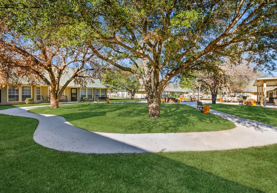 A well-maintained outdoor courtyard area at AVIVA Granbury Senior Living featuring a large tree in the center surrounded by green grass and curved concrete walkways. Benches and trash bins are placed along the paths, with single-story buildings and more trees in the background under a clear blue sky.