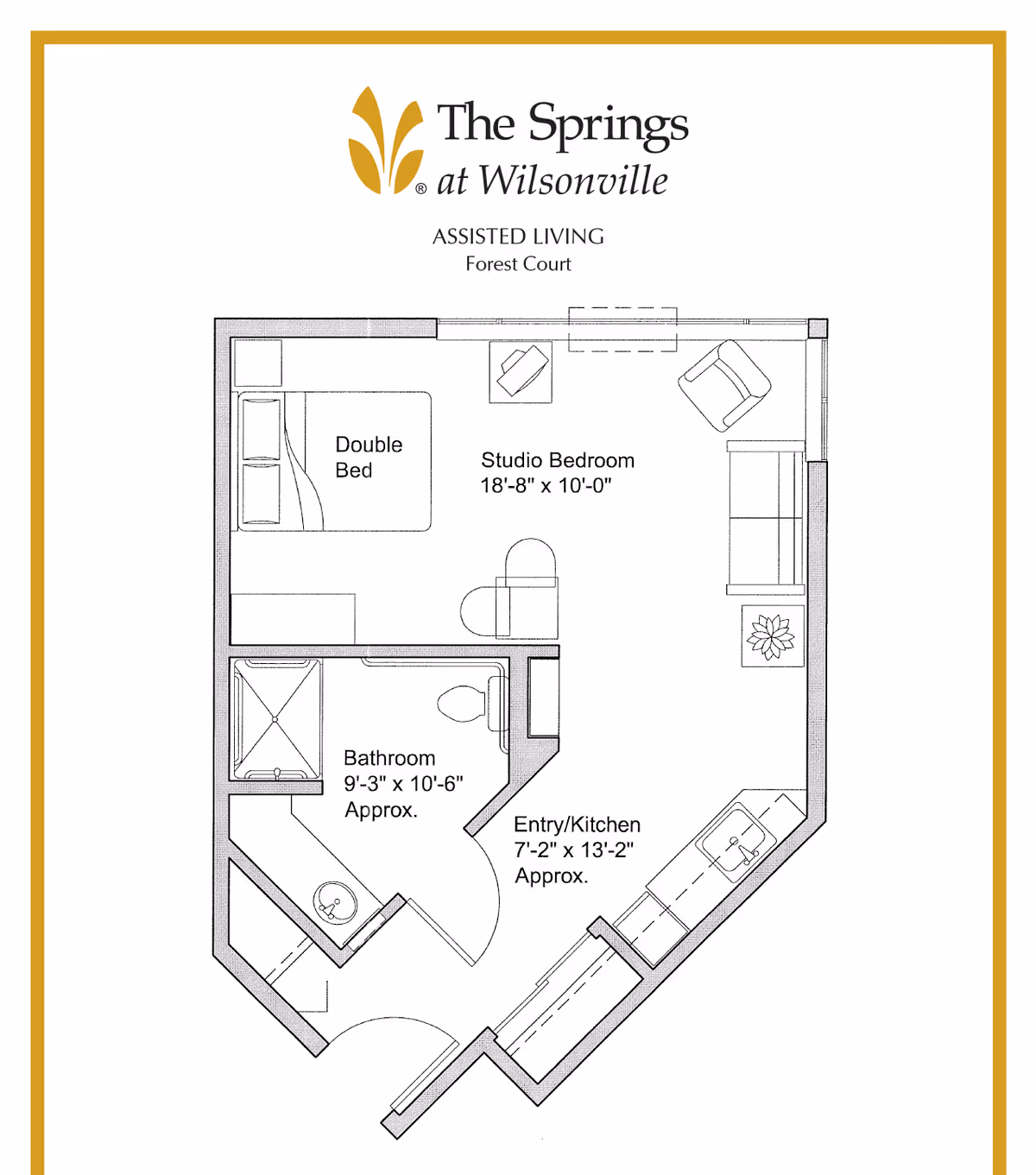 Floor plan of an assisted living studio apartment at The Springs at Wilsonville, showing a studio bedroom with a double bed, a bathroom, and an entry/kitchen area with approximate dimensions.