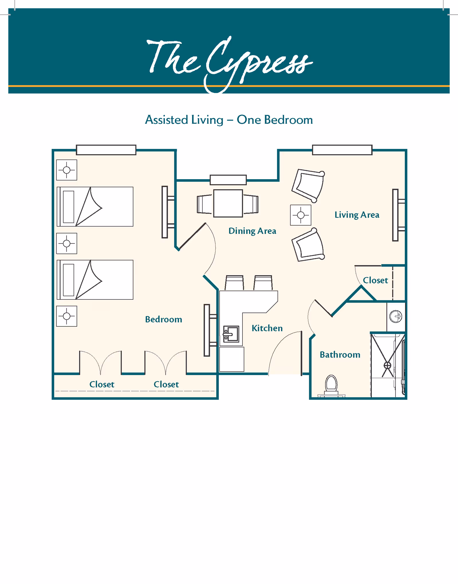 Floor plan of The Cypress assisted living one-bedroom unit showing a bedroom with two beds and two closets, a dining area with a table and chairs, a kitchen with a sink and counter with two stools, a living area with two chairs and a side table, a bathroom with a toilet and shower, and a closet near the bathroom.