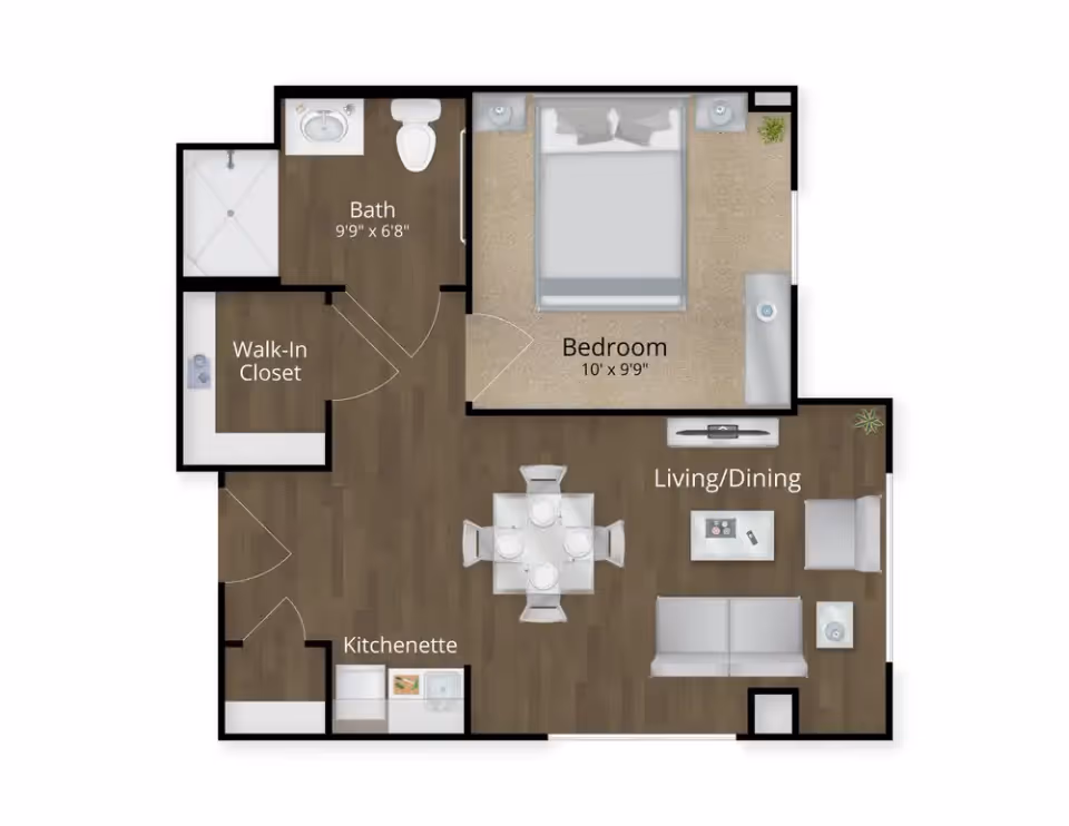 Floor plan of a senior living unit at The Avaline at River Oaks showing a bedroom with a bed and nightstands, a bathroom with a shower, toilet, and sink, a walk-in closet, a kitchenette, and a combined living and dining area with a dining table, sofa, armchair, coffee table, and TV.