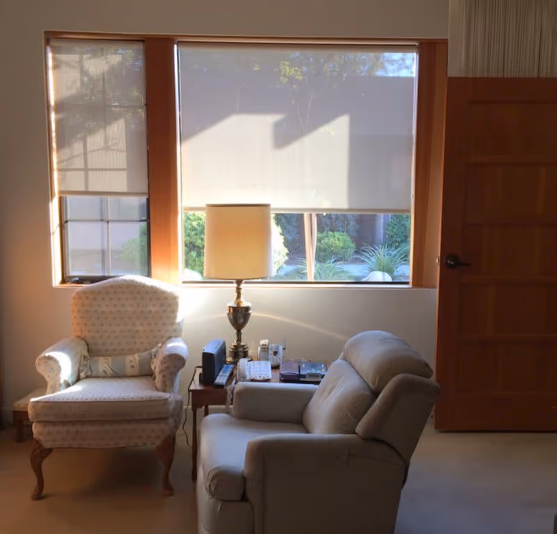 A cozy sitting area with two upholstered armchairs facing each other, a wooden side table between them holding a lamp, a phone, and other small items. Behind the chairs is a large window with partially lowered blinds, letting in natural light and showing greenery outside. A wooden door is visible to the right.