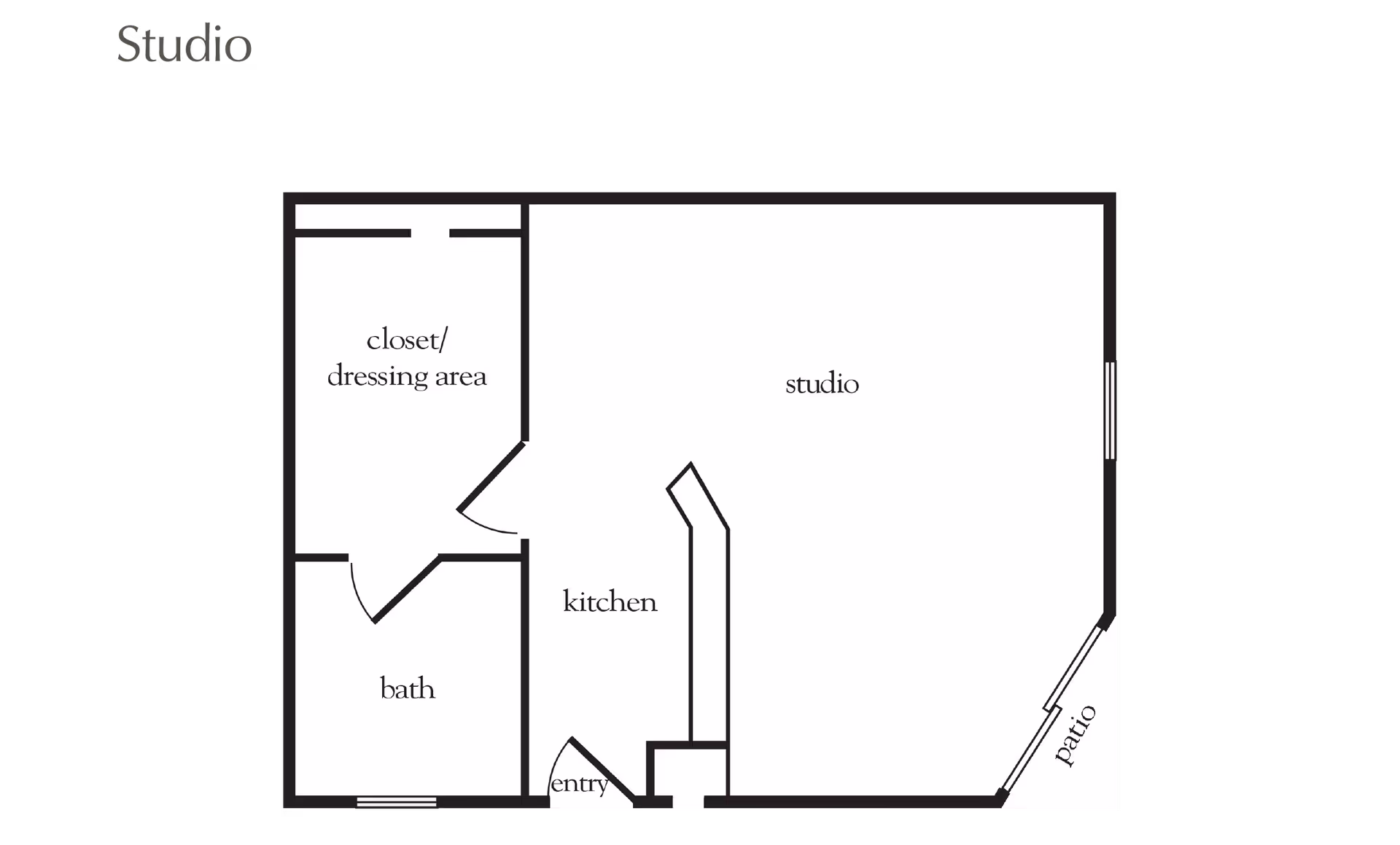 Floor plan of a studio apartment at Atria Valley Manor showing an entry, kitchen, studio living area, closet/dressing area, bath, and a patio.