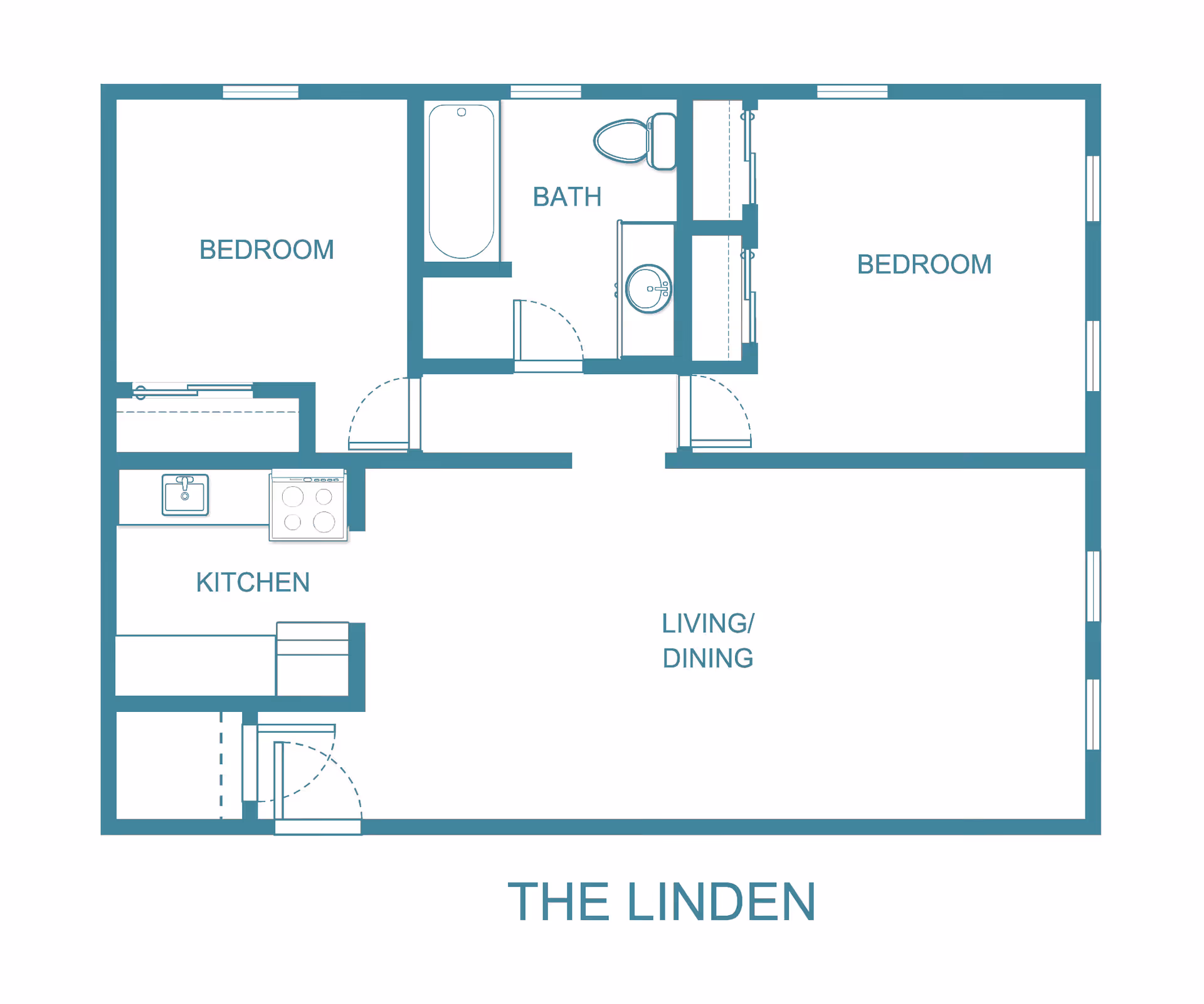 Floor plan of The Linden apartment at Cedar Woods showing two bedrooms, one bathroom, a kitchen, and a combined living and dining area.