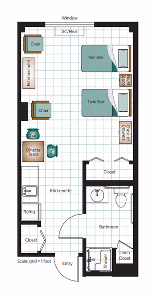 Floor plan of a senior living unit at Belmont Village Senior Living Turtle Creek showing an entry leading to a kitchenette with refrigerator and sink, a dinette table with chairs, two twin beds with nightstand and chest of drawers, an entertainment area with chairs, a bathroom with shower, sink, toilet, and linen closet, and multiple closets.