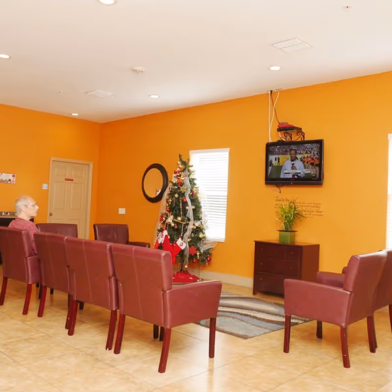 A senior living facility common room with orange walls and tiled floor. There are two rows of maroon chairs facing a wall-mounted TV. A decorated Christmas tree stands near a window with blinds. A small wooden cabinet with a green plant on top is beneath the TV. A man with glasses sits in one of the chairs.