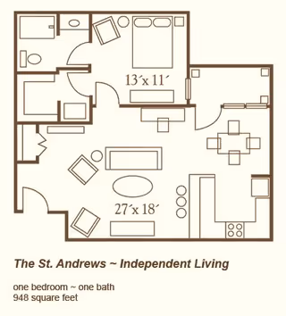 Floor plan layout of The St. Andrews independent living unit at Oak Grove Inn, showing one bedroom, one bathroom, living room, dining area, and kitchen, covering 948 square feet.