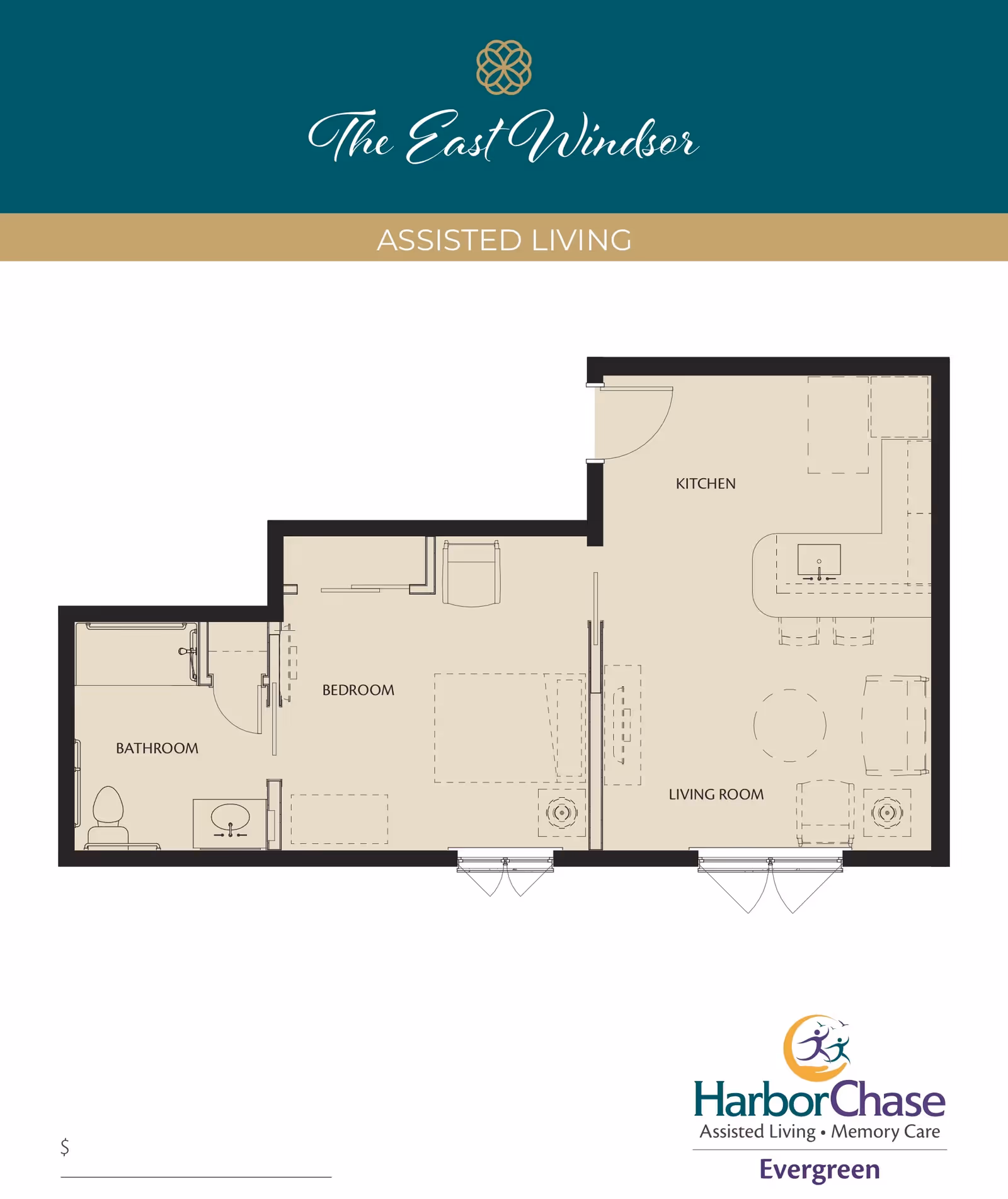 Floor plan of an assisted living unit showing a bathroom, bedroom, kitchen, and living room. The layout includes a bathroom with a toilet and sink, a bedroom with furniture, a kitchen with counters and a sink, and a living room with seating and a table.