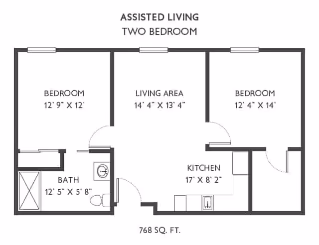 Floor plan of an assisted living two-bedroom apartment showing two bedrooms, a living area, a kitchen, and a bathroom with dimensions. The total area is 768 square feet.